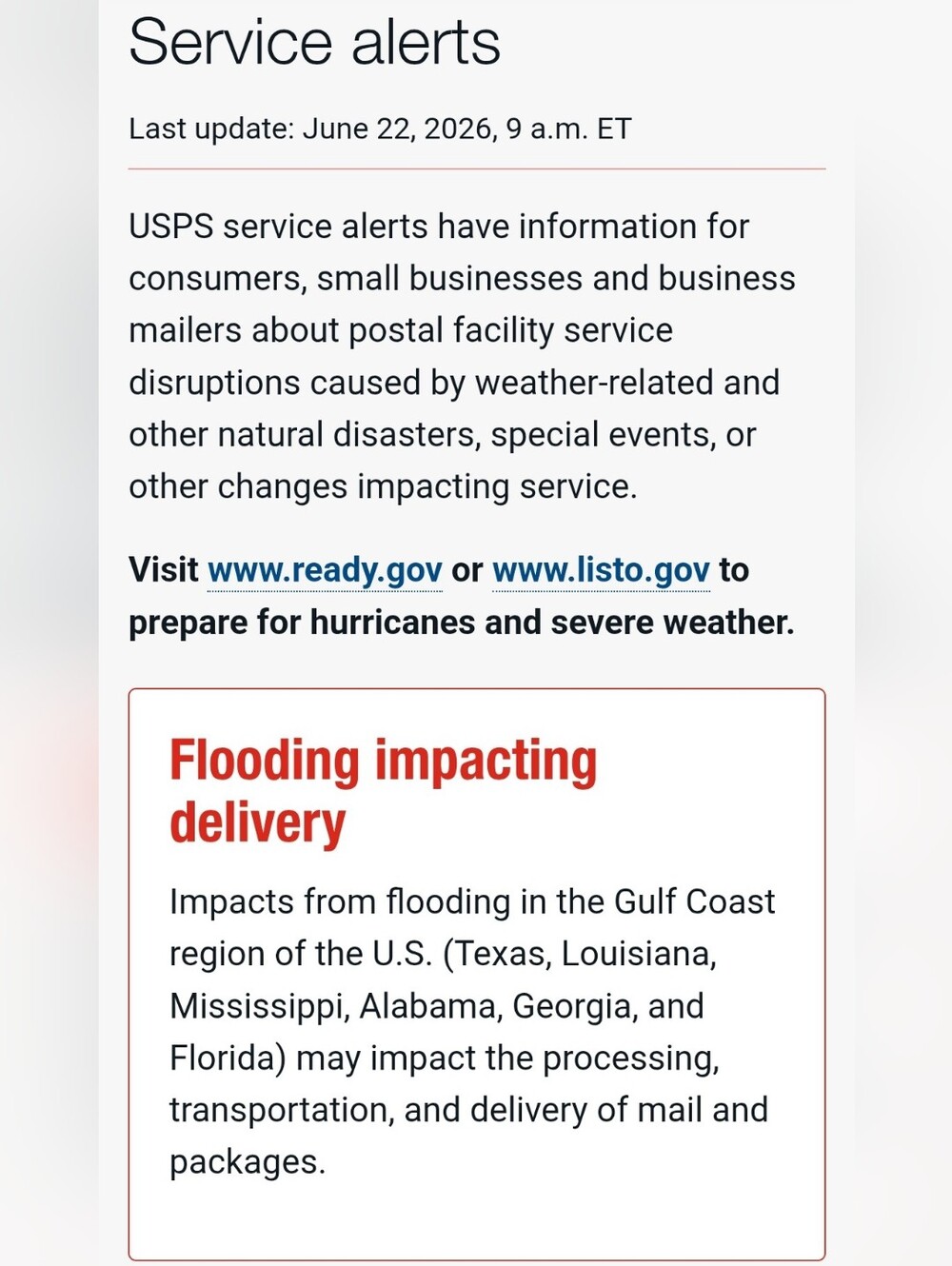 Current USPS Service Alerts